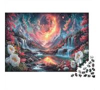 Twin Waterfalls in Mountain Valley with Red Moon Puzzle pour Adultes 1000 Pièces, Scenery Défi Éducatif, Idéal en Cadeau Et Décoration 52x38cm/1000pcs
