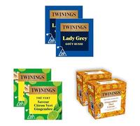Twinings - Assortiment Plaisir Agrumes - Thé Noir Lady Grey x2 - Thé Vert Saveur Citron Vert Gingembre x2 - Infusion Gingembre Miel Citron x2-120 Sachets Pyramides (6x20) - Gros Format 3 Saveurs