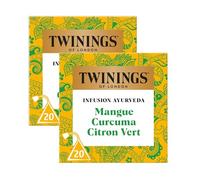 Twinings Infusion Ayurveda Mangue Curcuma Citron Vert 40 Sachets (2x20) | Notes exotiques de mangue, curcuma et citron vert dans un sachet pyramide, infusion à boire chaude ou froide