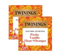 Twinings Infusion Ayurveda Pêche Vanille Fleur d'Oranger 40 Sachets (2x20) | Notes fruitées et florales de pêche, vanille et fleur d’oranger dans un sachet pyramide, infusion à boire chaude ou froide