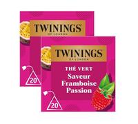 Twinings Thé Vert Framboise Passion 40 Sachets (2x20) | Notes fruitées de framboise et de passion pour un thé vert gourmand et exotique, en sachet pyramide, à boire chaud ou froid
