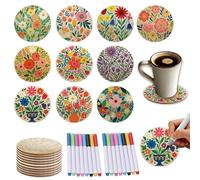TWINKLEMON 10 Pièces Coasters en Bois à Peindre, 10 cm Thème Végétal Drôle DIY, avec Marqueur 8 Couleurs, Ronds en Liège pour Art Créatif, Décoration pour Table Café Maison