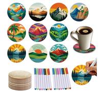 TWINKLEMON 10 Pièces Coasters en Bois à Peindre avec Marqueurs 8 Couleurs, Lot DIY de 10 cm à Thème Paysage, Coasters en Liège Ronds pour Art Créatif, Décoration de Table Café Maison