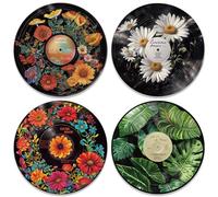 twinklemon 4 disque Vinyle Décoratif Sur le Thème des Fleurs Affiches Autocollantes de Faux Disques de Musique Sticker Mural Style Rétro pour Décoration Grunge de Chambre Studio de Musique Café