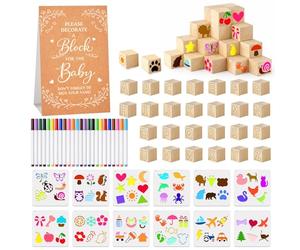 TWINKLEMON Kit de pancartes pour jeux amusants de baby shower, comprenant 52 cubes en bois à peindre,24 marqueurs, 1 pancarte et 12 pochoirs en PET,pour une décoration DIY de révélation du sexe