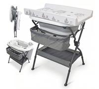 Twinly Bubbly - Table à Langer avec Baignoire Bébé sur Pied 2-en-1 | Baignoire Pliable et Pliante, Gain de Place, Hauteur Ergonomique, Thermomètre de Bain Inclus, Idéale Petites Salles de Bain (Grey)