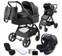 Twinly Poussette 3 en 1 Trio - Pack Naissance Bébé avec Siège Auto (Coque), Nacelle & Accessoires - FABULY - Pliable et Compacte - Poussette 3 in 1 (noir)