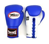 Twins Special BGLL1 Gants de boxe en cuir, fermeture à lacets, pour Muay Thai, boxe, kickboxing et MMA, compétition, entraînement et sparring (bleu/blanc, 283,5 g)