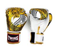 Twins Special FBGVL4 Gants de boxe en cuir avec motif imprimé, fermeture pour Muay Thai, boxe, kickboxing, MMA et sparring (Nagas blanc/or, 473,6 g)