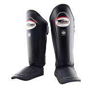 Twins Special SGL10 Protège-tibias en cuir véritable, doublement rembourré, pour Muay Thai, kickboxing, MMA et sparring (noir, taille M)