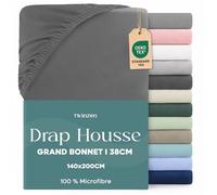 Twinzen Drap Housse 140x190 / 200 Bonnet 35 cm pour Matelas Épais - 100% Polyester Microfibre Brossée - Anthracite, Certifié Oeko Tex, Drap Housse avec Élastique Complet