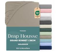 Twinzen Drap Housse 140x190 / 200 Bonnet 35 cm pour Matelas Épais - 100% Polyester Microfibre Brossée - Lin, Certifié Oeko Tex, Drap Housse avec Élastique Complet
