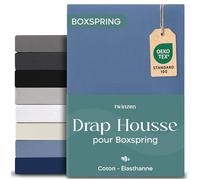 Twinzen Drap Housse 140x200 cm Premium, Coton avec 5% Elasthanne - Bonnet Profond 40cm pour Matelas Épais/Boxspring - Bleu - Oeko-Tex