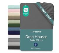 Twinzen Drap Housse 160 x 200 cm avec Bonnet 30cm, Gris foncé, Oeko-Tex