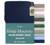 Twinzen Drap Housse 180 x 200 Bonnet 35 cm pour Matelas Épais - 100% Polyester Microfibre Brossée - Bleu foncé, Certifié Oeko Tex, Drap Housse avec Élastique Complet