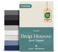 Twinzen Drap Housse 180x200 cm Premium pour Surmatelas, Coton avec 5% Elasthanne - Bonnet 18cm pour Surmatelas - Beige - Oeko-Tex