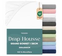 Twinzen Drap Housse 200x200 Bonnet 35 cm pour Matelas Épais - 100% Polyester Microfibre Brossée - Blanc, Certifié Oeko Tex, Drap Housse avec Élastique Complet