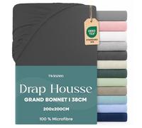 Twinzen Drap Housse 200x200 Bonnet 35 cm pour Matelas Épais - 100% Polyester Microfibre Brossée - Gris foncé, Certifié Oeko Tex, Drap Housse avec Élastique Complet