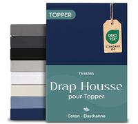 Twinzen Drap Housse 200x200cm Premium pour Surmatelas, Coton avec 5% Elasthanne - Bonnet 18cm pour Surmatelas - Bleu foncé - Oeko-Tex