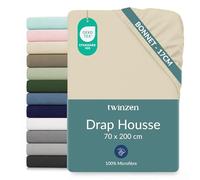 Twinzen Drap Housse 70x200 cm Enfant avec Bonnet 20cm, Beige, Oeko-Tex