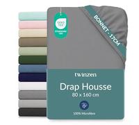 Twinzen Drap Housse 80x160 cm Enfant avec Bonnet 20cm, Anthracite, Oeko-Tex