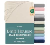 Twinzen Drap Housse 90x190 / 200 Bonnet 35 cm pour Matelas Épais - 100% Polyester Microfibre Brossée - Beige, Certifié Oeko Tex, Drap Housse avec Élastique Complet
