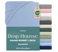 Twinzen Drap Housse 90x190 / 200 Bonnet 35 cm pour Matelas Épais - 100% Polyester Microfibre Brossée - Bleu, Certifié Oeko Tex, Drap Housse avec Élastique Complet