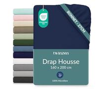 Twinzen Drap Housse Microfibre 160x200 Bleu Foncé Bonnet 25 cm
