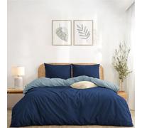 Twinzen Housse De Couette 200x200 cm Réversible, avec 2 Taie Oreiller 50x80 cm, Bleu Foncé/Bleu Gris - Parure de Lit 200x200 en Microfibre - Oeko-Tex