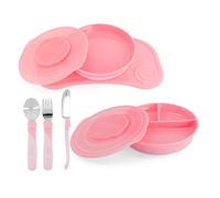 Twistshake Ensemble de Vaisselle pour Bébé - 6 Pièces | 1x Set de Table Bébé en Silicone - 1x Assiette Enfant - 1x Assiette Divisée - 3x Couverts d'Apprentissage en Acier Inoxydable | 6+ mois | Rose