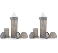 Twistshake Biberon Anti-Colique 330 ml avec Récipient à Lait en Poudre et Mélangeur - Tétine en Silicone Débit Rapide - Sans BPA - Idéal pour Bébé dès 4 Mois - Gris (Lot de 2)