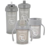 Twistshake Ensemble de Tasses à bec pour Bébé - 4 Pièces | 1x 360 Cup - 1x Mini Cup - 1x Straw Cup - 1x Kid Cup | Biberons étanches | Gobelet Anti-déversement sans BPA | 4+ mois | Gris clair