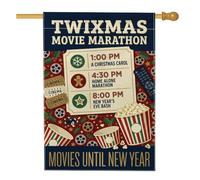 Twixmas Movie Schedule Popcorn House Flag 71,1 x 101,6 cm | Horaire de film, drapeau de cour, seaux à popcorn, billets de cinéma rétro, thème du film d'hiver, décoration de cour