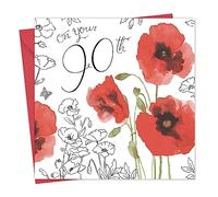 Twizler Carte d'anniversaire 90 ans pour elle avec feuille d'argent, effet aquarelle unique et coquelicots - Carte d'anniversaire pour femme