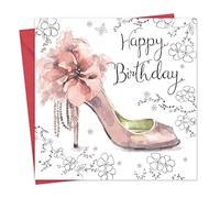 Twizler Carte d'anniversaire pour elle, avec un effet argent métallisé et aquarelle unique, et une chaussure à rose - Carte d'anniversaire pour femme