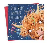Twizler Carte de Noël amusante pour elle - Vache écossaise des Highlands Deja Moo - Cartes de Noël amusantes - Écosse pour femme, maman, fille, amie