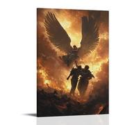 Two Angels Lift A Wounded Soldier from A Battlefield, Their Wings Casting Shields of Light Against The Burning Skies. Décoration murale contemporaine - Poster décoratif à suspendre 20 x 30 cm