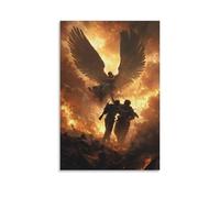 Two Angels Lift A Wounded Soldier from A Battlefield, Their Wings Casting Shields of Light Against The Burning Skies. Décoration murale contemporaine - Poster décoratif à suspendre 40 x 60 cm