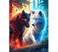 Two Art Yin-Yang de Loups Under The Moon 1000 Pièces Puzzle Famille en Carton Rigide sans Déformation Animal Sauvage et Animal de Compagnie Cute Difficulté Moyenne Activité Familiale Événement Festif