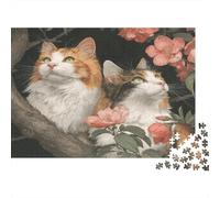 Two Chats |Fleurs de pêcher Roses et Feuilles Vertes| Puzzles Amusants en Famille 1000pcs (75x50cm) Adultes