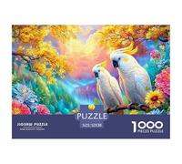 Two Cockatoos on Branch Amid Bright Flowers Puzzle De 1000 Pièces Parrot Classique Et Défiant, Cadeau pour Toutes Les Âges 52x38cm/1000pcs