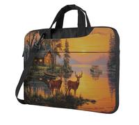 Two Deer Old Log Cabin Bateau Docked Sunset Laptop Bag Laptop Case 15.6" Computer Bags Padded Sleeve Cover For Women Men