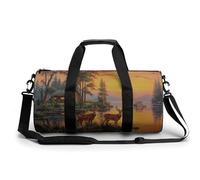 Two Deer Old Log Cabin Bateau Docked Sunset Travel Gym Bag for Women Men Cylindrique Duffle Bag Sport Workout Bag with Shoulder Strap