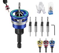 Two-Flute Counterbore with Adjustable Depth Stop, 4PCS Four-Flute Tapered Drill Bits and Adjustable Depth Stop Collar, for Woodworking, Cabinetry, Countersink Drill Bit Set (Blue)