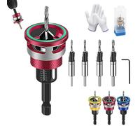 Two-Flute Counterbore with Adjustable Depth Stop, 4PCS Four-Flute Tapered Drill Bits and Adjustable Depth Stop Collar, for Woodworking, Cabinetry, Countersink Drill Bit Set (Red)