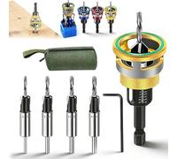 Two-Flute Counterbore with Adjustable Depth Stop, Countersink Drill Bit Set with Depth Stop 4PCS, Four-Flute HSS M2 Tapered Drill Bits and Adjustable Depths Stops Collar, for Woodworking (Gold)