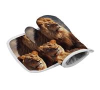 Two Lions Oven Mitts and Pot Holders Sets Soft Oven Gloves for Kitchen Heat Resistant Decor Gift for Cooking Baking