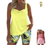 Two-Piece Body-Covering Printed Boxer Swimsuit,Women's Backless Printed Vacation Swimwear,Print Swimsuits with Board Shorts (FR/ES, Alpha/Lettres, Grand, Taille Normale, Taille Normale, Light Yellow)