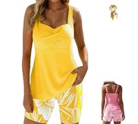 Two-Piece Body-Covering Printed Boxer Swimsuit,Women's Backless Printed Vacation Swimwear,Print Swimsuits with Board Shorts (FR/ES, Alpha/Lettres, Grand, Taille Normale, Taille Normale, Yellow)