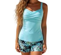 Two-Piece Body-Covering Printed Boxer Swimsuit, Women's Bathing Suit with Board Shorts for Beach, Vacation Activities. (Green*b,Grand)